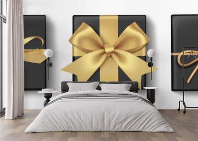 Set of decorative black boxes with gold bow for holiday decoration. Vector illustration. Wall mural