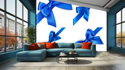 Set of decorative blue bows with diagonally blue ribbon on the corner isolated on white. Winter holiday or Fathers Day design elements. Vector illustration Wall mural