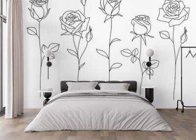 Set of decorative hand drawn roses isolated on white. Flower icon. Vector illustration Wall mural