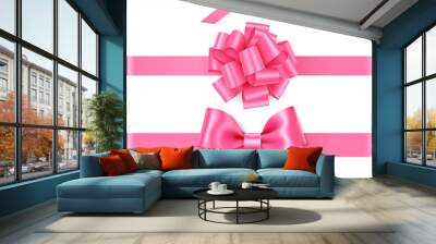 Set of decorative pink bow with horizontal pink ribbon for gift decor. Realistic vector bow and ribbon isolated on white Wall mural