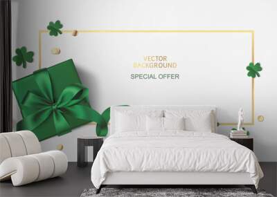 St Patrick's day sale design template. Green gift box with clover leaves and golden coin confetti on white background. Realistic holiday elements. Vector stock illustration. Wall mural