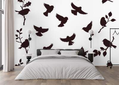 Vector set of bird and twig silhouette Wall mural