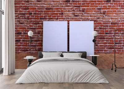 Two vertical frame mockup on a red brick wall with wooden floor. Wall mural