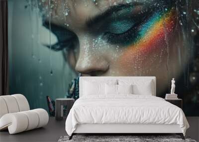 A woman with rainbow makeup on her face is looking at the camera Wall mural