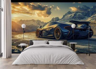 Fast luxury expensive supercar on the roads of a night urban, futuristic car of the future, filming in motion Wall mural