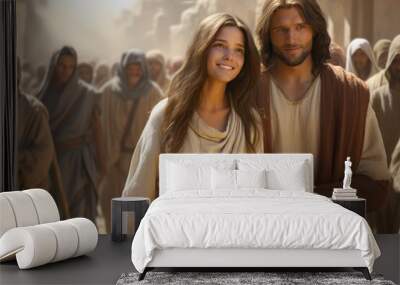 Jesus Christ travels with Mary Magdalene, distributing bread to the poor in need Wall mural