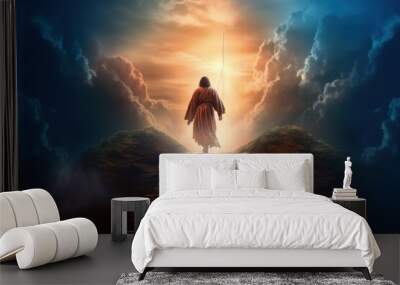 Jesus walks the steps to heaven, a ray of light at the end, generative ai Wall mural