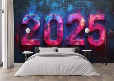 numbers 2025 stylized with garlands and new year decorations, happy new year and merry Christmas banner and greeting card Wall mural