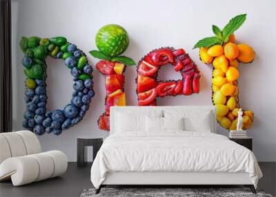 Text Diet of fruits and vegetables. Healthy eating, organic, green menu, tomato, cucumber, avocado Wall mural