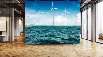 white wind turbine generating electricity on sea Wall mural