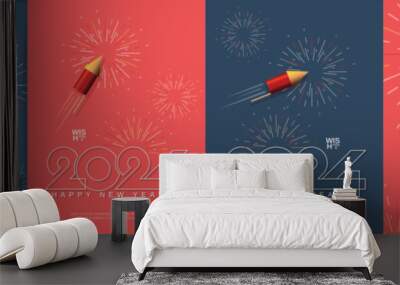 Creative design concept of 2024 new year. Set of 2024 new year design with firework rocket and line concept for greeting card, banner, template, poster and flyer Wall mural