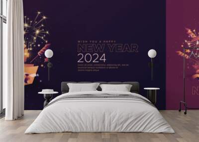 Happy new year 2024 celebration template with 3D number in open gift box and fireworks background. Festive 2024 new year celebration template Wall mural