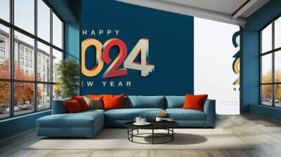 Happy new year 2024 with 3D retro full color design template. 2024 new year celebration concept for greeting card, banner and post template Wall mural