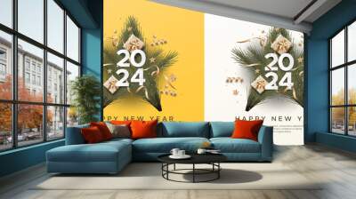 Happy New Year 2024. Set of celebrate party 2024 on white and yellow background. Festive realistic decoration new year and Christmas background Wall mural