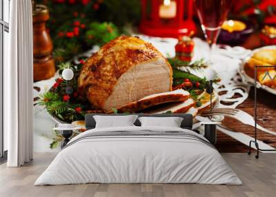 Christmas baked ham, served on the old plate. Wall mural