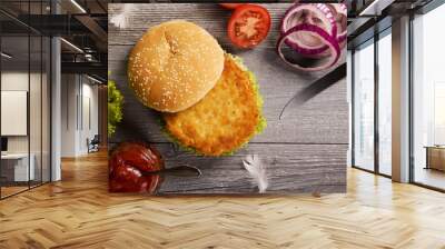 Home made chicken burger with lettuce, tomato and onion Wall mural