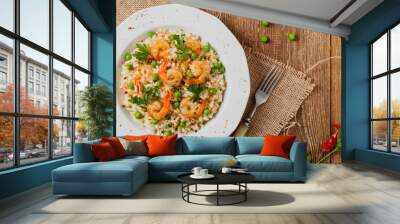 Risotto With Shrimp. Flat lay. Wall mural