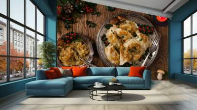 Traditional dumplings with cabbage and mushrooms. Christmas decoration. Wall mural