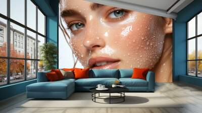 Perfectly hydrated skin and soft glow on a woman’s face, for facial care ads Wall mural