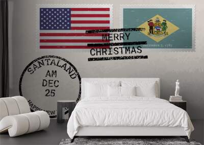 Postage stamp envelope with Delaware and US flag, Christmas and New Year stamps, vector Wall mural