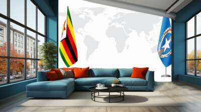 Zimbabwe and Northern Mariana Islands flags for official meeting against background of world map. Wall mural