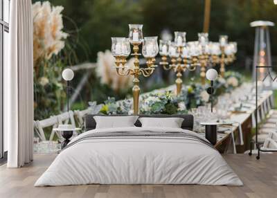 Wedding table set up in boho style with pampas grass and greenery Wall mural