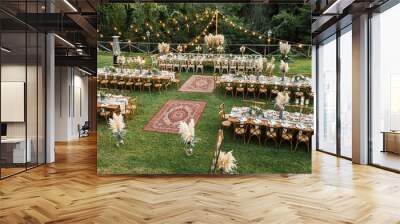 Wedding table set up in boho style with pampas grass and greenery Wall mural