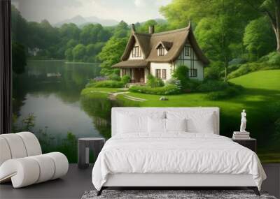 Create a stunning image of a house nestled in a lush, green landscape by a tranquil lake. The house should have a charming, rustic appearance with a thatched roof and a stone chimney. A winding dirt t Wall mural