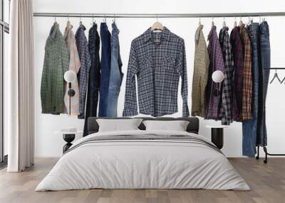 sleeved plaid cotton with jeans on a wooden hanger Wall mural