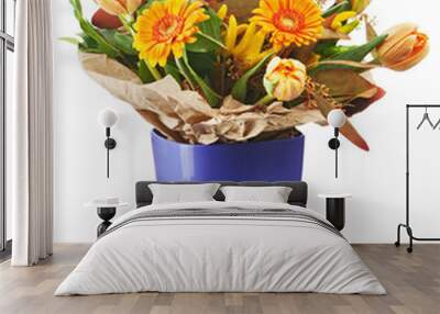 Colorful bouquet from tulips and gerbera flowers isolated on whi Wall mural