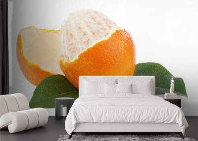 Peeled orange fruit with green leaves isolated on white backgrou Wall mural