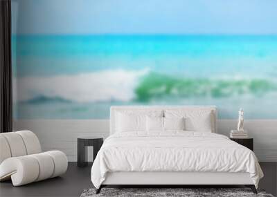 white wood table top on blur sea wave background Wall mural