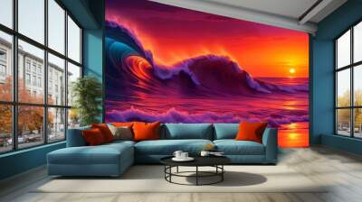 Colorful ocean wave with sunset. Generative ai Wall mural