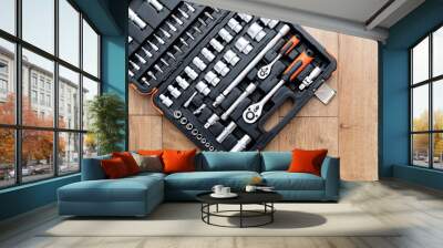 Tool Kit for the Car. Set of Tools for Repair on Wooden background. Repair and maintenance concept Wall mural