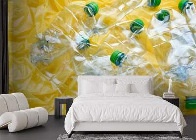 Used plastic bottles of water with caps on yellow background. Re Wall mural