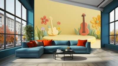  a cute cartoon children's stage, with flower and musical instrument decorations on a yellow background Wall mural