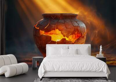 A broken clay vessel emitting a warm, glowing light from its cracks Wall mural