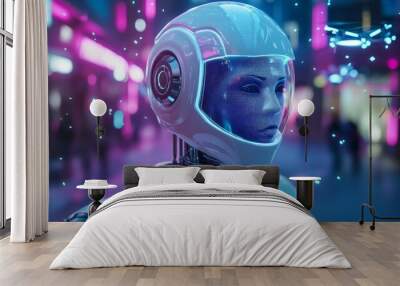 A futuristic scene of an AI robot. The sleek robot stands guard with glowing LED lights. Wall mural