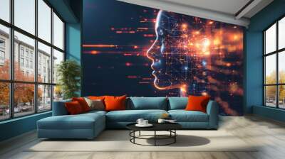 Big data and artificial intelligence concept. Machine learning and cyber mind domination concept in form of women face outline outline with circuit board and binary data flow on blue background. Wall mural