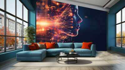 Big data and artificial intelligence concept. Machine learning and cyber mind domination concept in form of women face outline outline with circuit board and binary data flow on blue background. Wall mural