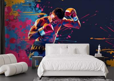 Boxing sport man boxer colorful splash horizontal banner on black background illustration Wall mural