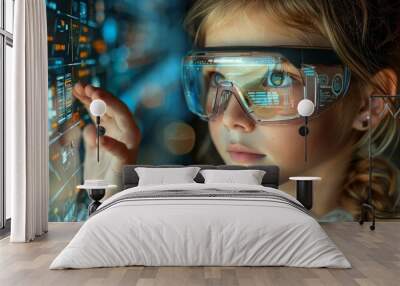 cute litter girl student with (VR) virtual reality headset  Wall mural