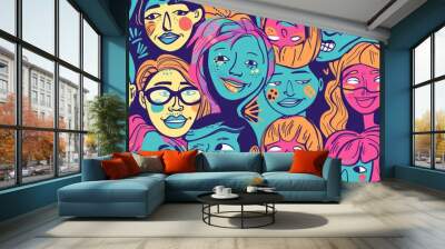 Funny seamless pattern with hand drawn faces of happy young people,  Wall mural