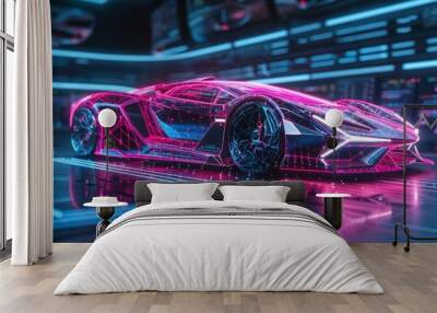 Futuristic Sports Car On Neon Highway. Powerful acceleration of a supercar on a night track with colorful lights and trails. Wall mural