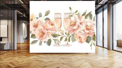 glamorous vector style, bridal flowers and champagne glasses Wall mural