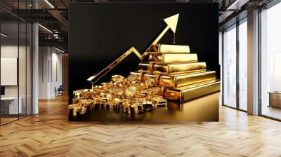 Gold bullion bars or ingots, with an upward-pointing arrow indicating the rising value of gold, on a black background. Wall mural