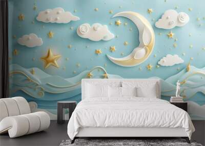 Good night and sweet dreams banner. Fluffy clouds on dark sky background with gold moon and stars. Wall mural