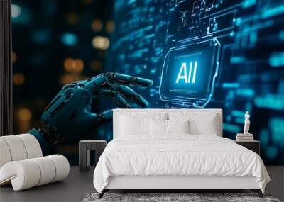 Human hand and robot finger touch with a digital hologram of an AI icon on a dark blue background. Wall mural