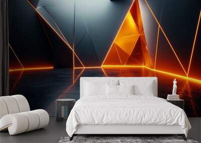 Orange glowing neon lines and floor reflections. Glowing white triangles on black walls. Abstract futuristic background. Wall mural