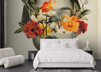 portrait of young woman with flowers on face hides her eyes, abstract contemporary art collage  Wall mural